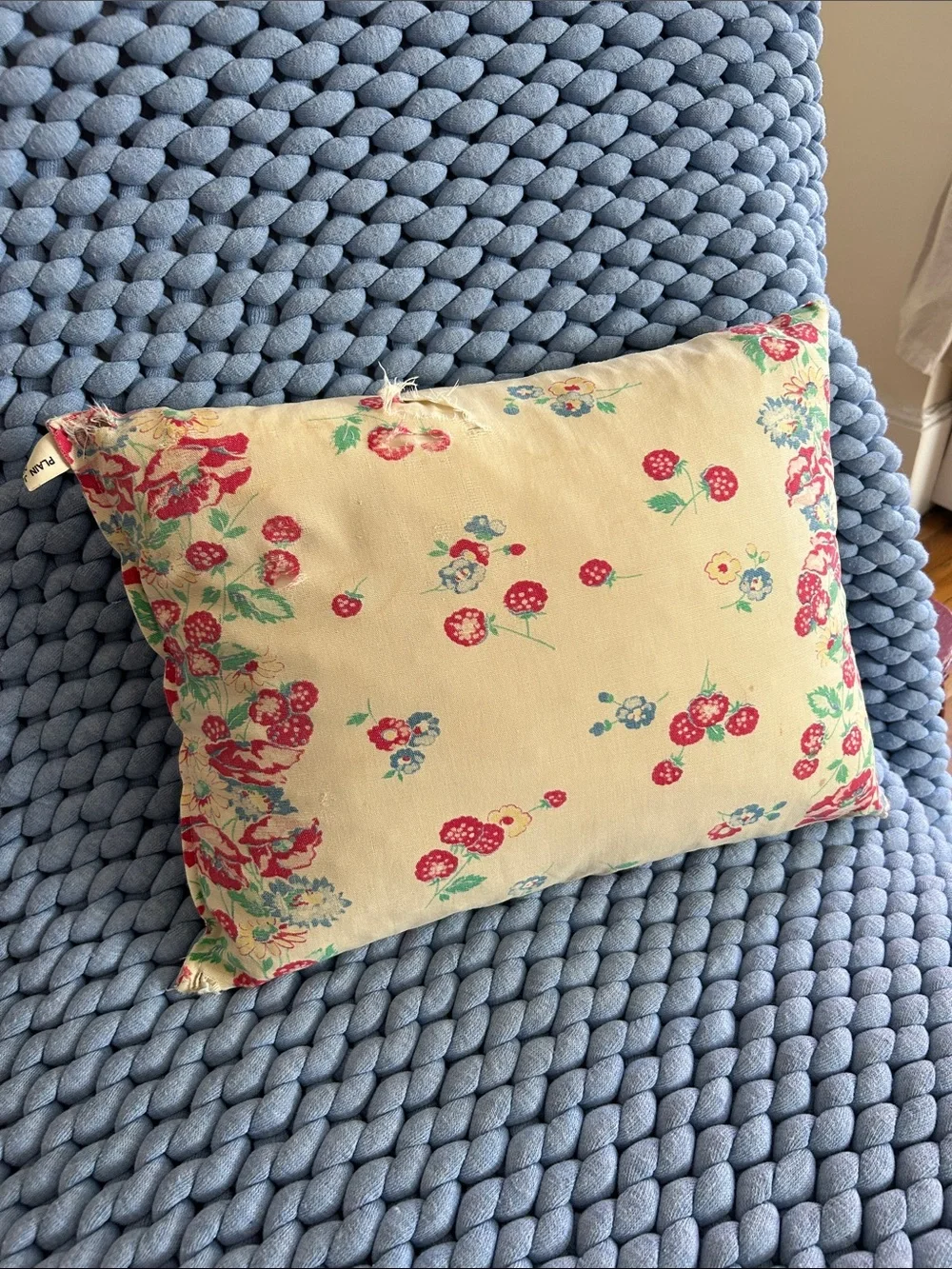 Red and Blue Floral Print Pillow vintage fabric